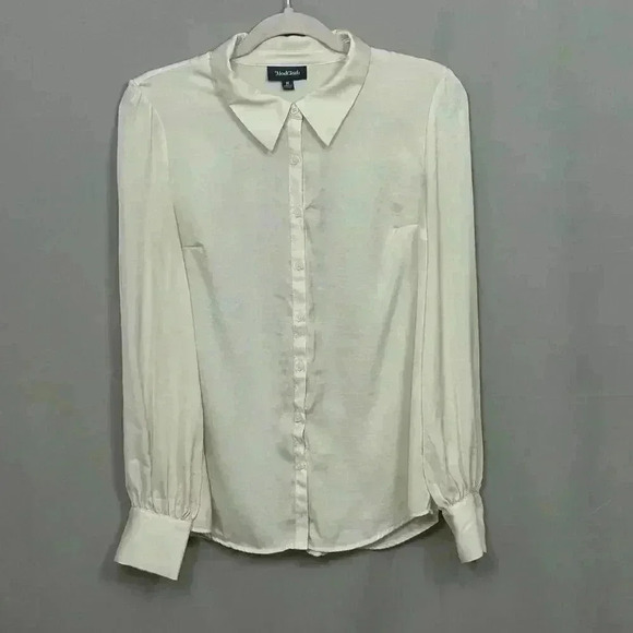 Modcloth Womens Medium Ivory Button Up Blouse Polyester Long Sleeve Ruched Back - Picture 2 of 13